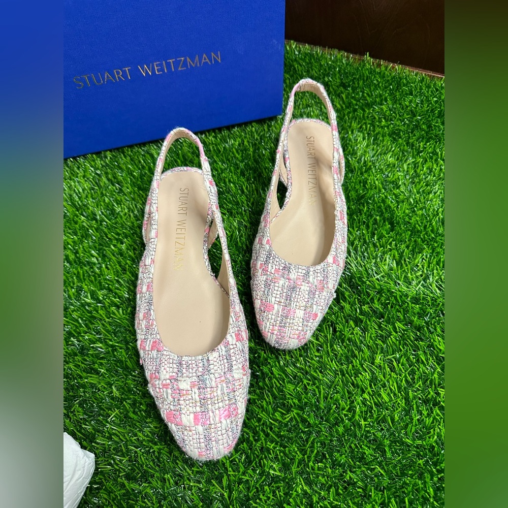 STUART WEITZMAN Pearl Embellished Slingback Flats Pink Summer Tweed